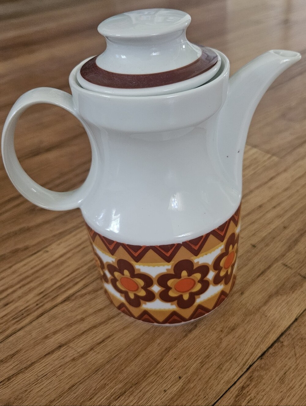 Vintage Kronester MCM 70s White Ceramic Tea/Coffee Pot Retro Orange Brown Floral